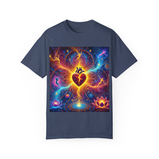 Vibrant Heart & Lotus Unisex Garment-Dyed T-Shirt - Spiritual Art Tee