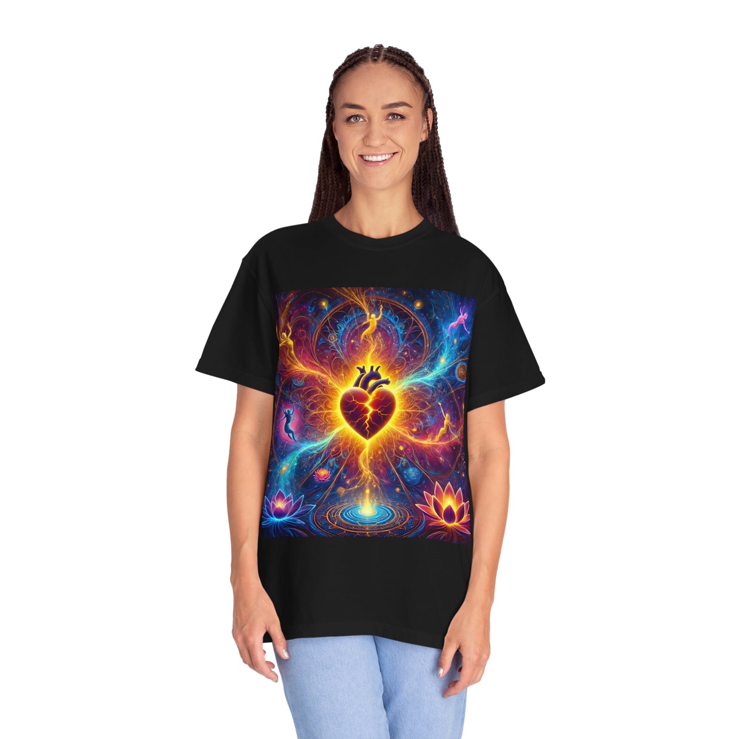 Vibrant Heart & Lotus Unisex Garment-Dyed T-Shirt - Spiritual Art Tee