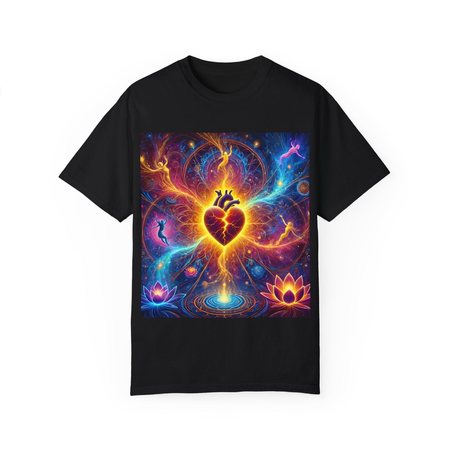 Vibrant Heart & Lotus Unisex Garment-Dyed T-Shirt - Spiritual Art Tee